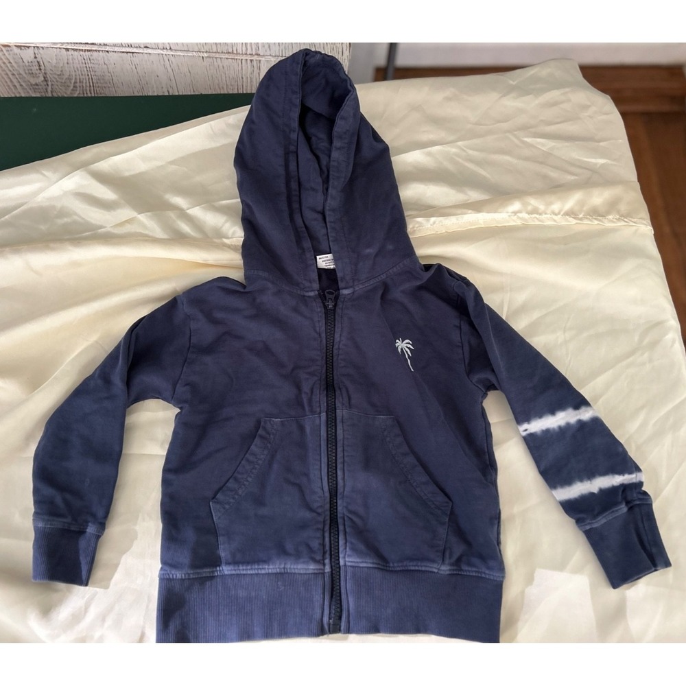 Mish Boys Size 5 Navy Mineral Wash Full Zip Hoodie Striped Sleeve Kids